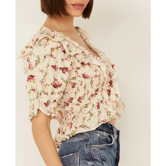 Free People Favorite Girl Top Romantic Floral Ruffle Smocked Boho Cottagecore Sm - Picture 10 of 16